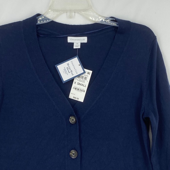 Charter Club Womens XS V-Neck Button Front Cardigan Merino Wool Blend Navy Blue - Picture 3 of 12